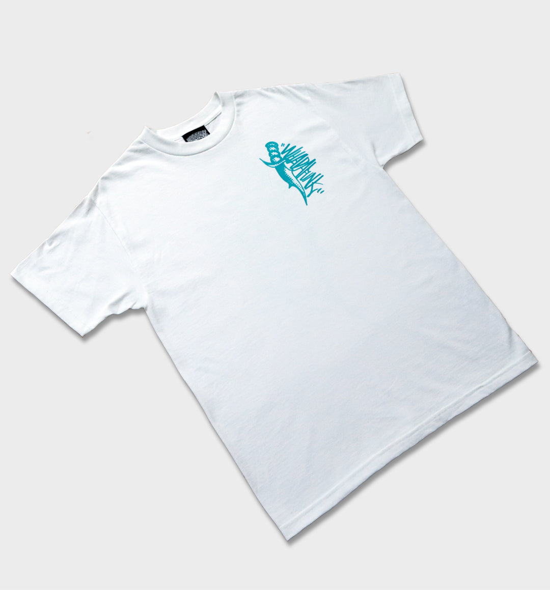 WHADAFUNK Dagger White T-Shirt featuring a bold streetwear-inspired dagger graphic design.