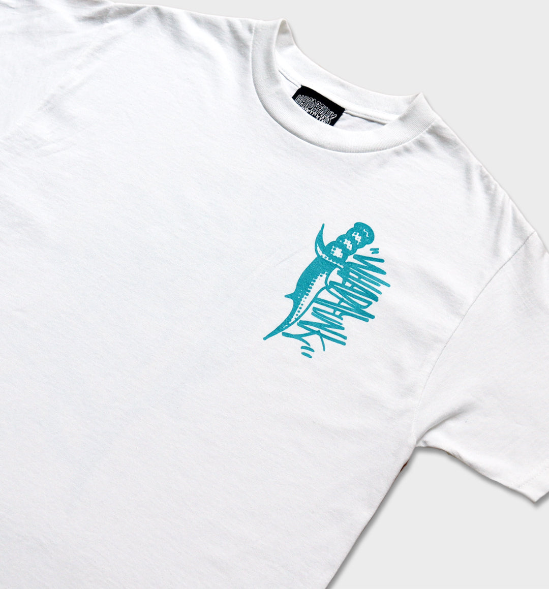 WHADAFUNK Dagger White T-Shirt featuring a bold streetwear-inspired dagger graphic design.