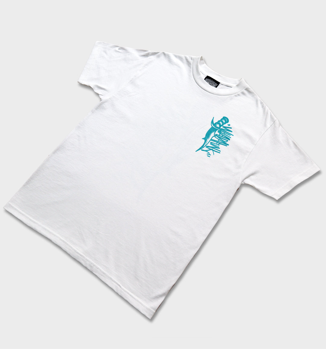 WHADAFUNK Dagger White T-Shirt featuring a bold streetwear-inspired dagger graphic design.
