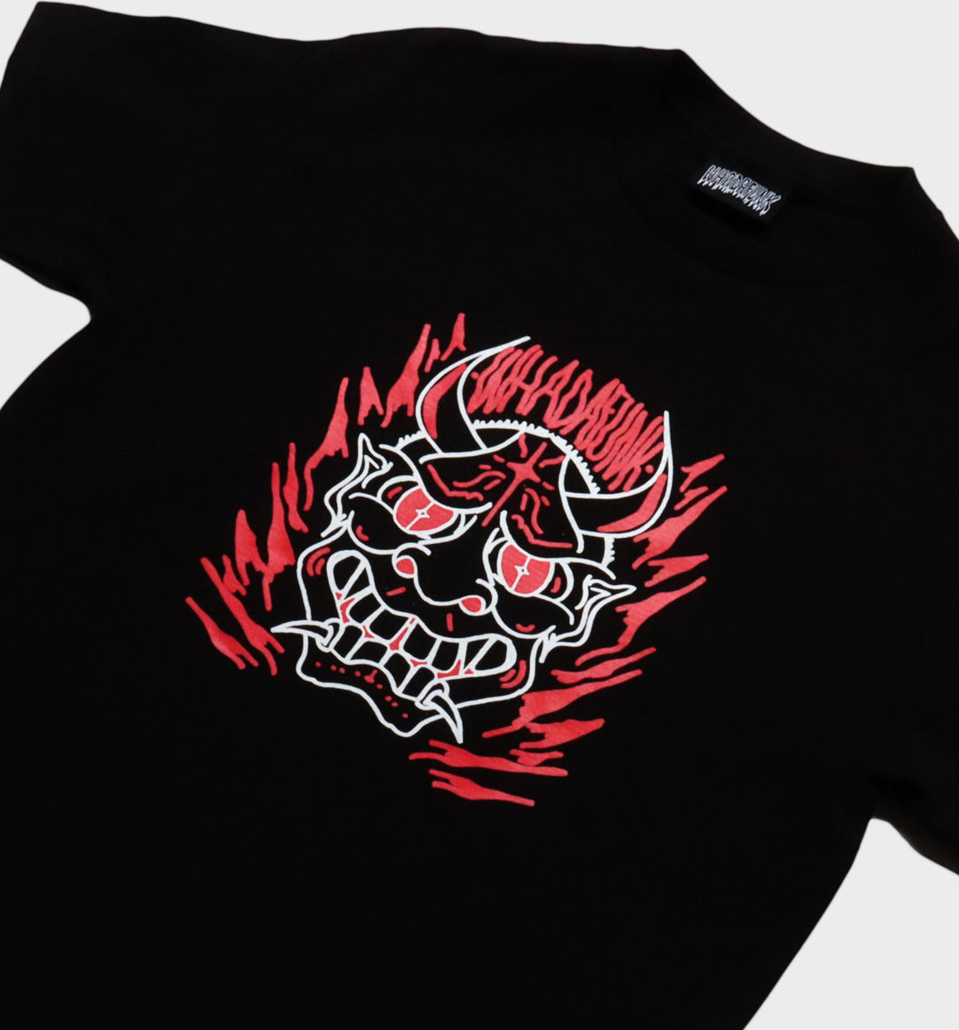 WHADAFUNK Hannya Mask Black T-Shirt – Tattoo-Inspired Streetwear Design.