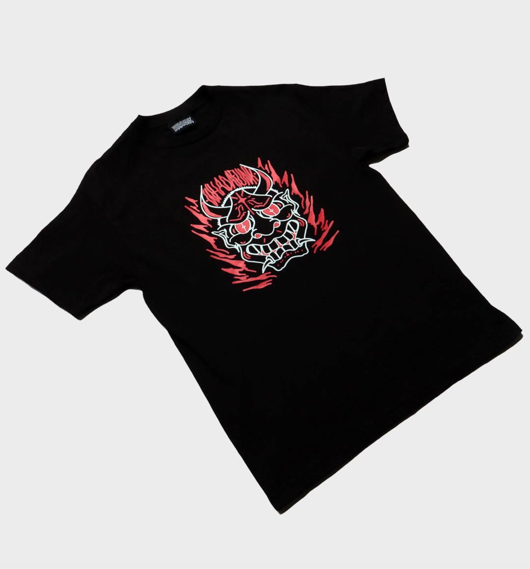 WHADAFUNK Hannya Mask Black T-Shirt – Tattoo-Inspired Streetwear Design.