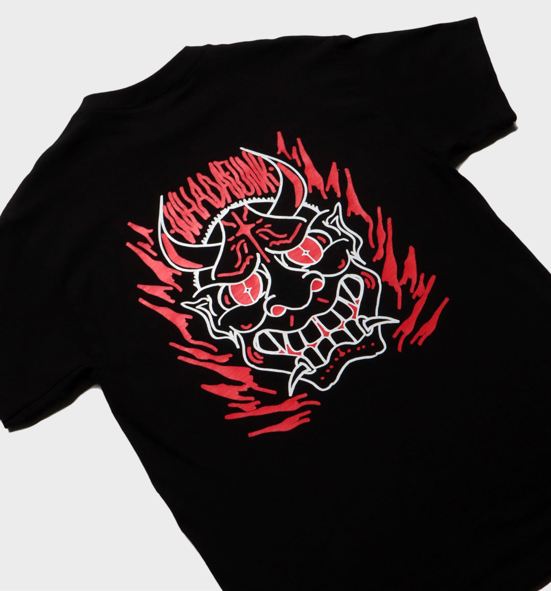WHADAFUNK Hannya Mask Black T-Shirt – Tattoo-Inspired Streetwear Design.