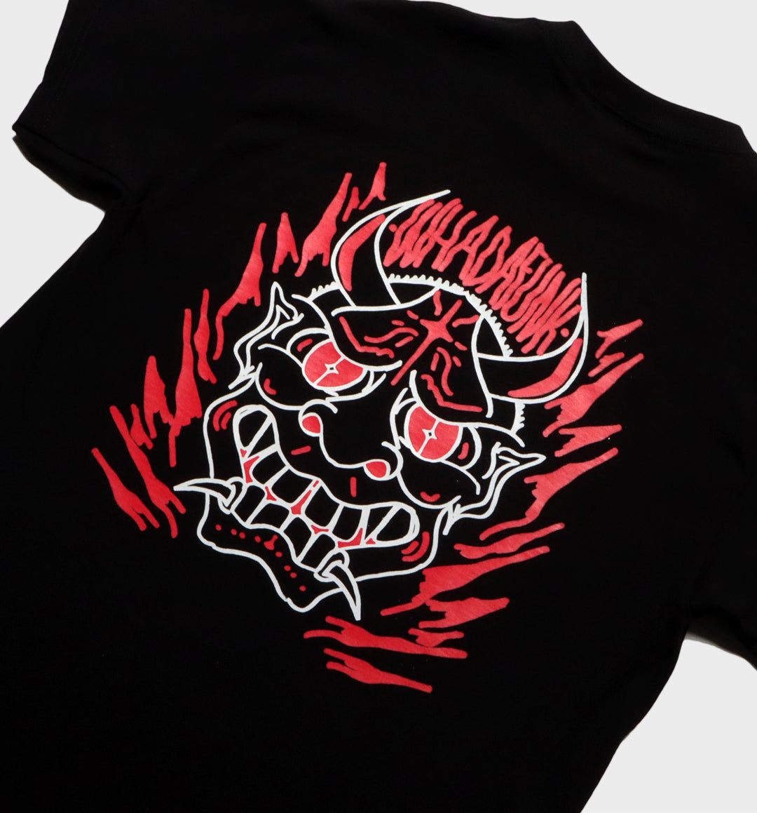 WHADAFUNK Hannya Mask Black T-Shirt – Tattoo-Inspired Streetwear Design.