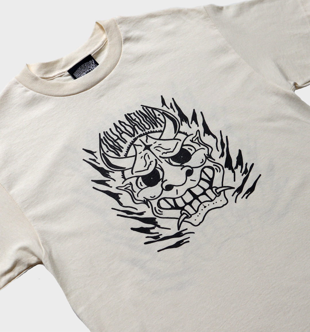 WHADAFUNK Hannya Mask Cream T-Shirt – Tattoo-Inspired Streetwear Design in Cream.
