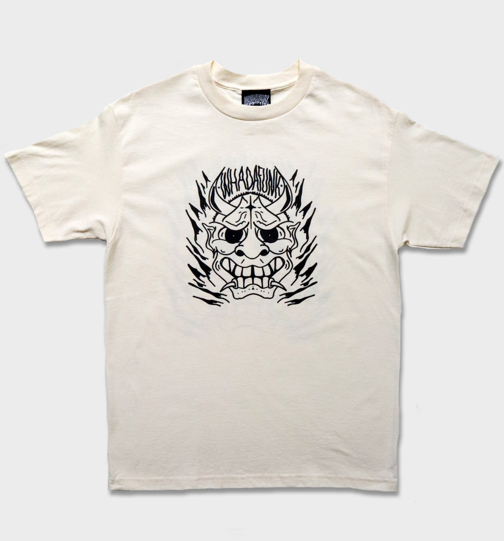 WHADAFUNK Hannya Mask Cream T-Shirt – Tattoo-Inspired Streetwear Design in Cream.