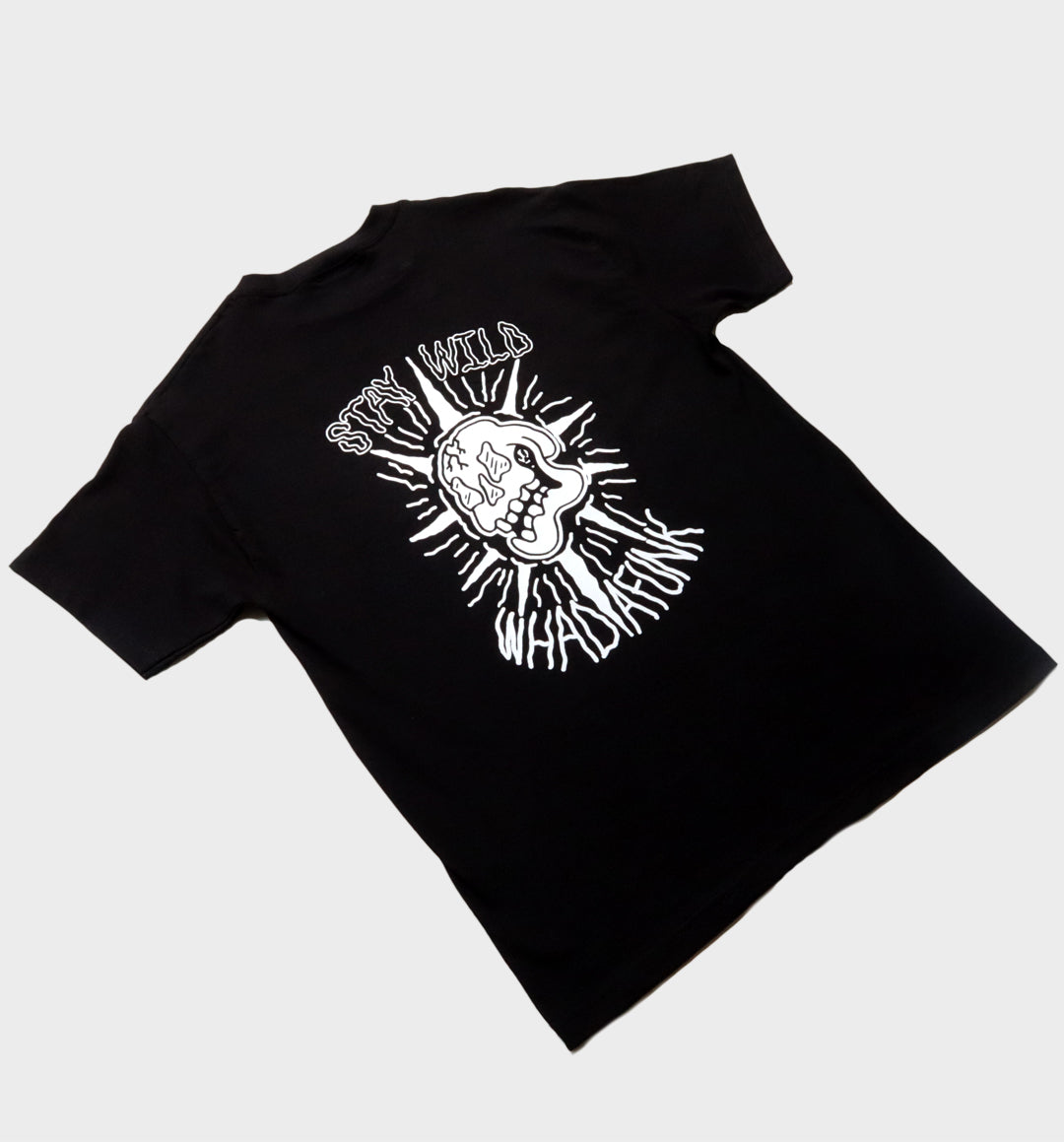 WHADAFUNK Stay Wild Black T-Shirt – Bold Graphic Design for Streetwear Lovers.