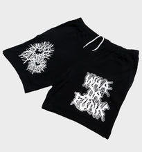 Load image into Gallery viewer, WHADAFUNK Shattered Black Shorts with bold shattered pattern design for streetwear.
