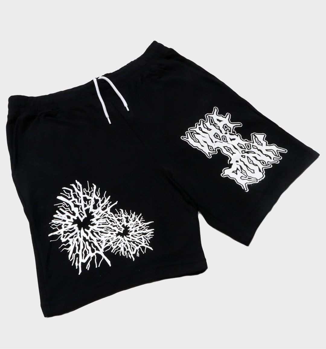 WHADAFUNK Shattered Black Shorts with bold shattered pattern design for streetwear.