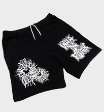 Load image into Gallery viewer, WHADAFUNK Shattered Black Shorts with bold shattered pattern design for streetwear.
