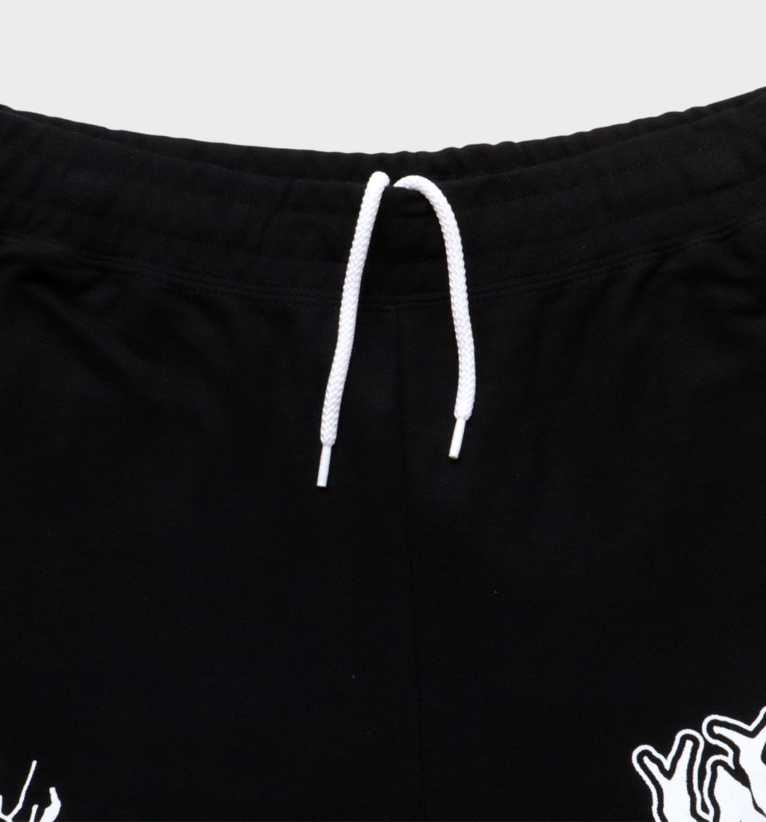 WHADAFUNK Shattered Black Shorts with bold shattered pattern design for streetwear.