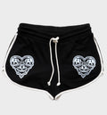 WHADAFUNK Skull Heart Striped Shorts with bold skull and heart graphic design and striped detailing for streetwear style.