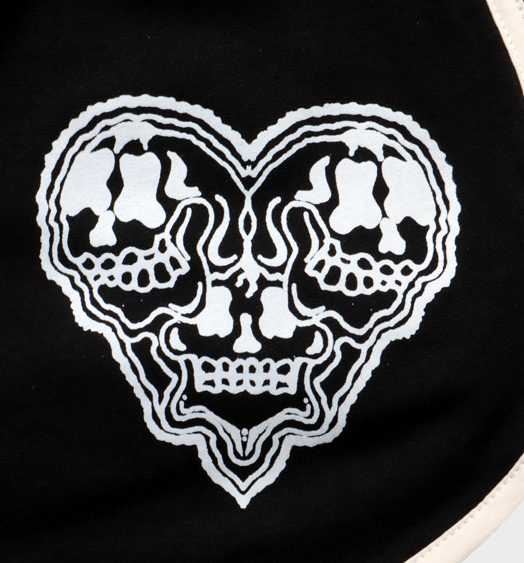 WHADAFUNK Skull Heart Striped Shorts with bold skull and heart graphic design and striped detailing for streetwear style.
