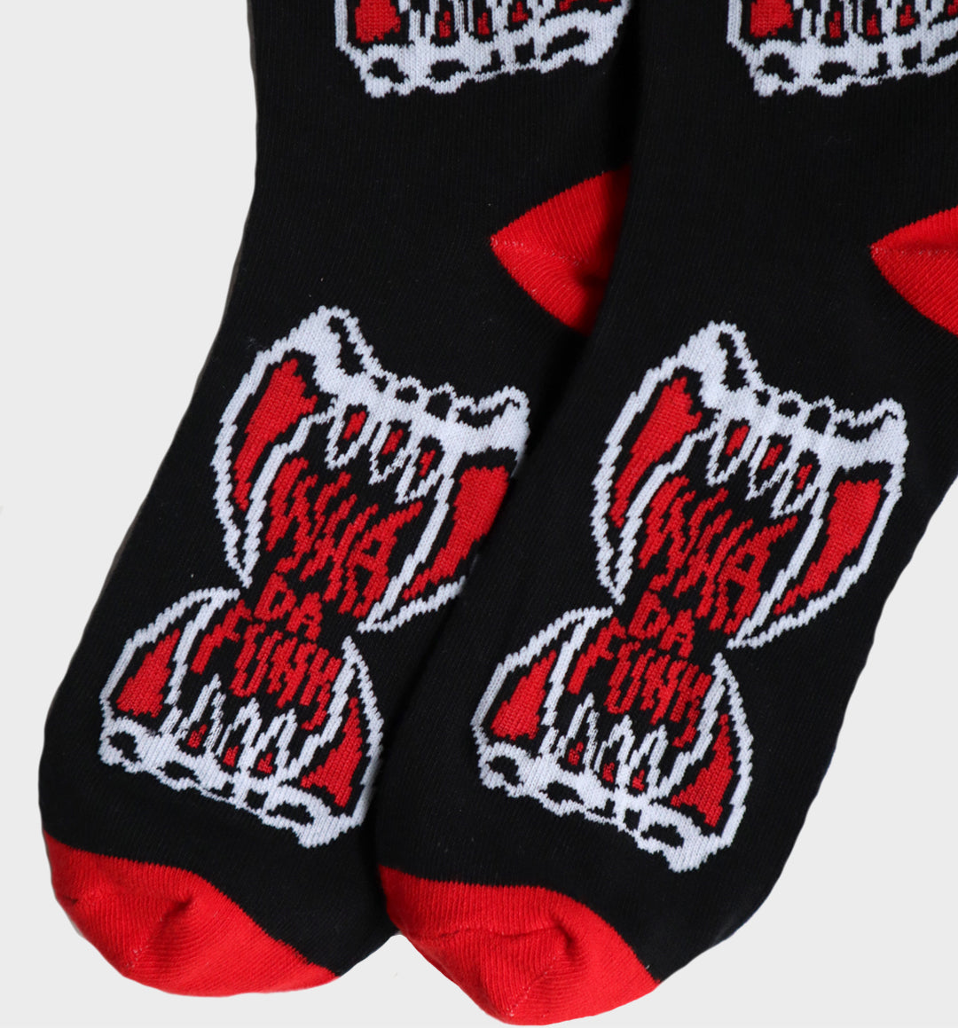 Whadafunk Vampire Mouth Socks featuring bold red lips with vampire fangs design.