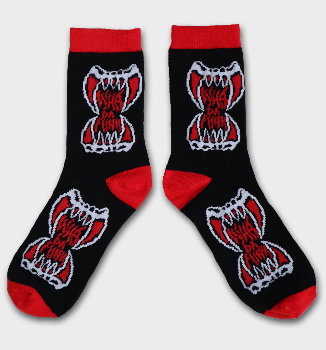 Whadafunk Vampire Mouth Socks featuring bold red lips with vampire fangs design.