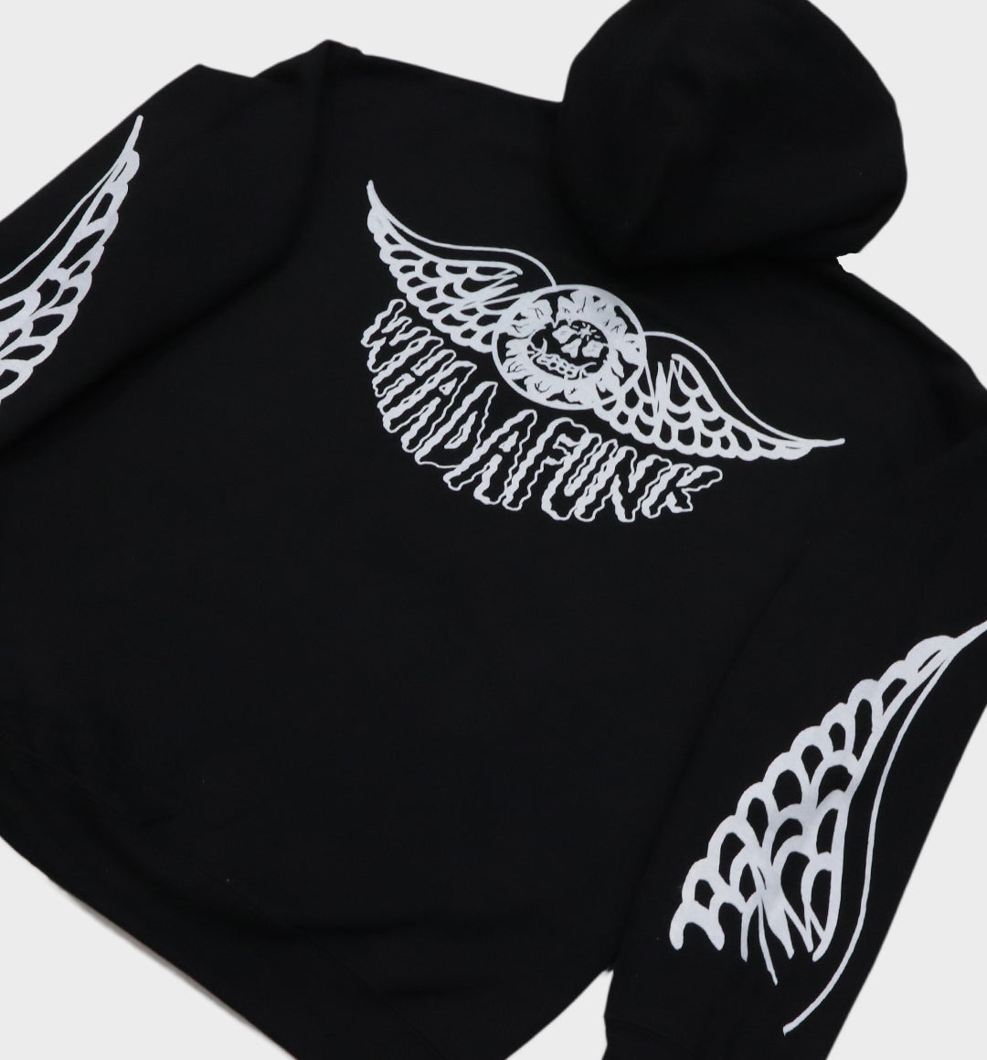 Back angle of hand-drawn winged skull and eye design on hoodie