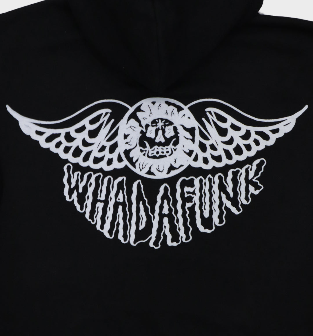 Back details of hand-drawn winged skull and eye design on hoodie
