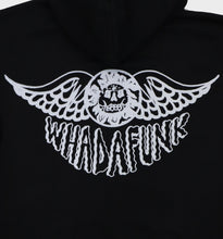 Load image into Gallery viewer, Back details of hand-drawn winged skull and eye design on hoodie
