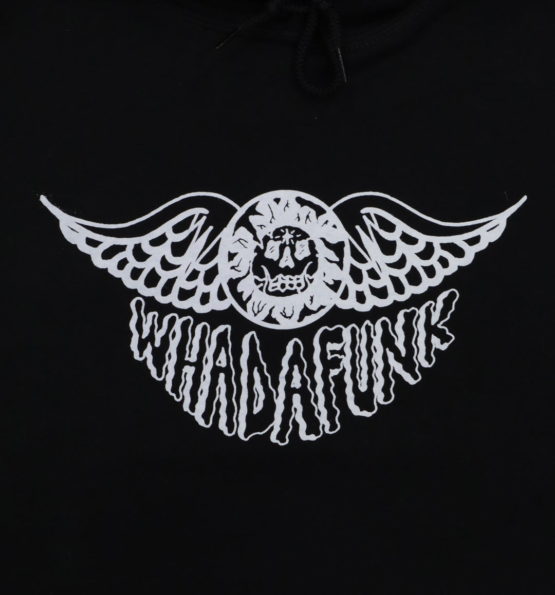 Front details of hand-drawn winged skull and eye design on hoodie