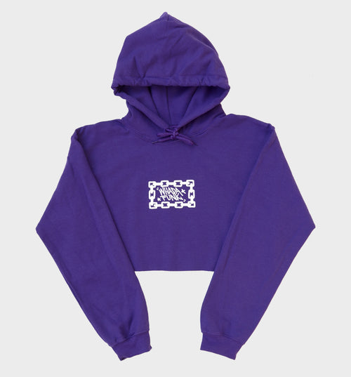 WHADAFUNK Chained Purple Crop Hoodie with bold chained graphic design in vibrant purple.