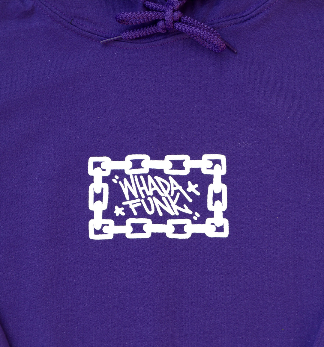 WHADAFUNK Chained Purple Crop Hoodie with bold chained graphic design in vibrant purple.