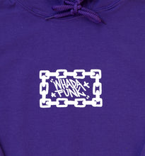 Load image into Gallery viewer, WHADAFUNK Chained Purple Crop Hoodie with bold chained graphic design in vibrant purple.
