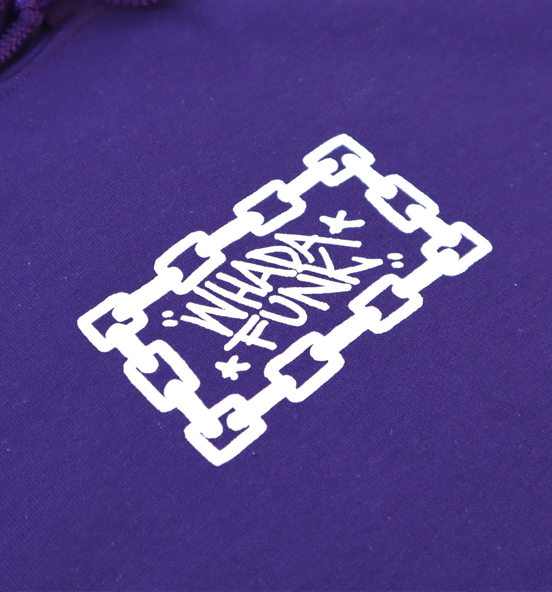 WHADAFUNK Chained Purple Crop Hoodie with bold chained graphic design in vibrant purple.
