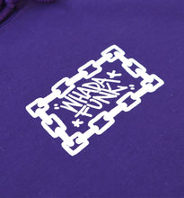 Load image into Gallery viewer, WHADAFUNK Chained Purple Crop Hoodie with bold chained graphic design in vibrant purple.
