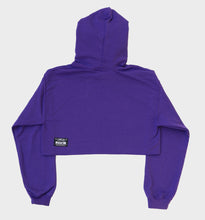 Load image into Gallery viewer, WHADAFUNK Chained Purple Crop Hoodie with bold chained graphic design in vibrant purple.
