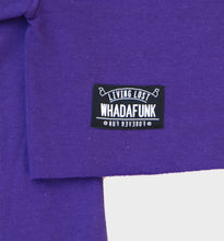 Load image into Gallery viewer, WHADAFUNK Chained Purple Crop Hoodie with bold chained graphic design in vibrant purple.
