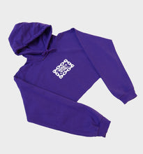 Load image into Gallery viewer, WHADAFUNK Chained Purple Crop Hoodie with bold chained graphic design in vibrant purple.
