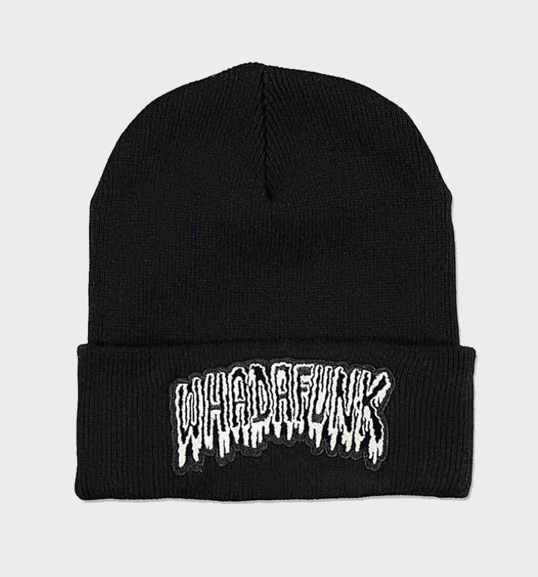 WHADAFUNK Drippy Funk Beanie with bold graphic design for streetwear lovers.
