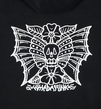Load image into Gallery viewer, whadafunk skull butterfly hoodie design close up 
