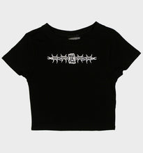 Load image into Gallery viewer, WHADAFUNK Barbed Wire Crop Tee featuring bold barbed wire graphic in streetwear style.
