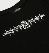Load image into Gallery viewer, WHADAFUNK Barbed Wire Crop Tee featuring bold barbed wire graphic in streetwear style.
