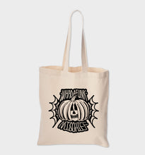 Load image into Gallery viewer, WHADAFUNK Halloween Mischief Tote Bag featuring spooky graphic design for Halloween lovers.
