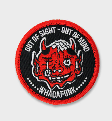 WHADAFUNK Out of Sight Embroidered Patch featuring bold streetwear design for customizing gear.