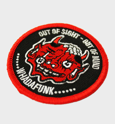 WHADAFUNK Out of Sight Embroidered Patch featuring bold streetwear design for customizing gear.