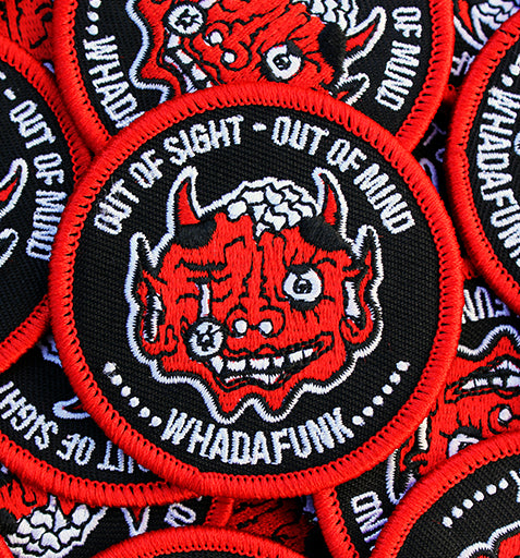 WHADAFUNK Out of Sight Embroidered Patch featuring bold streetwear design for customizing gear.