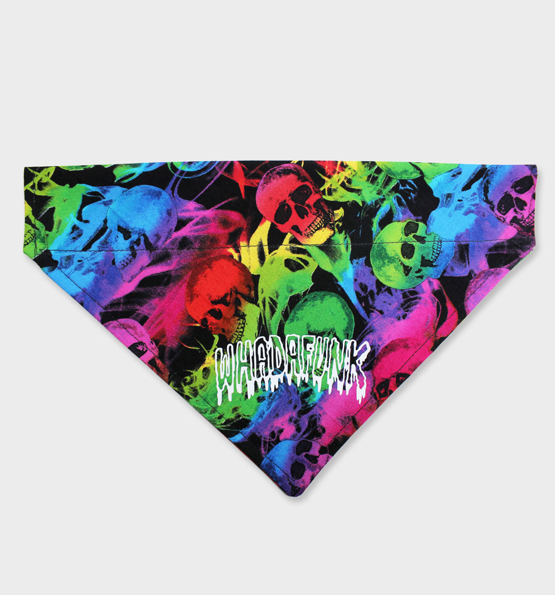 WHADAFUNK Tie-Dye Skull Pet Bandana with bold tie-dye pattern and skull graphic for stylish cats and dogs.
