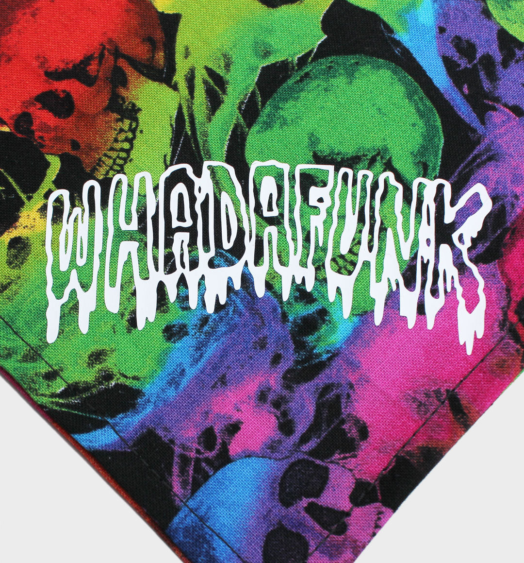 WHADAFUNK Tie-Dye Skull Pet Bandana with bold tie-dye pattern and skull graphic for stylish cats and dogs.