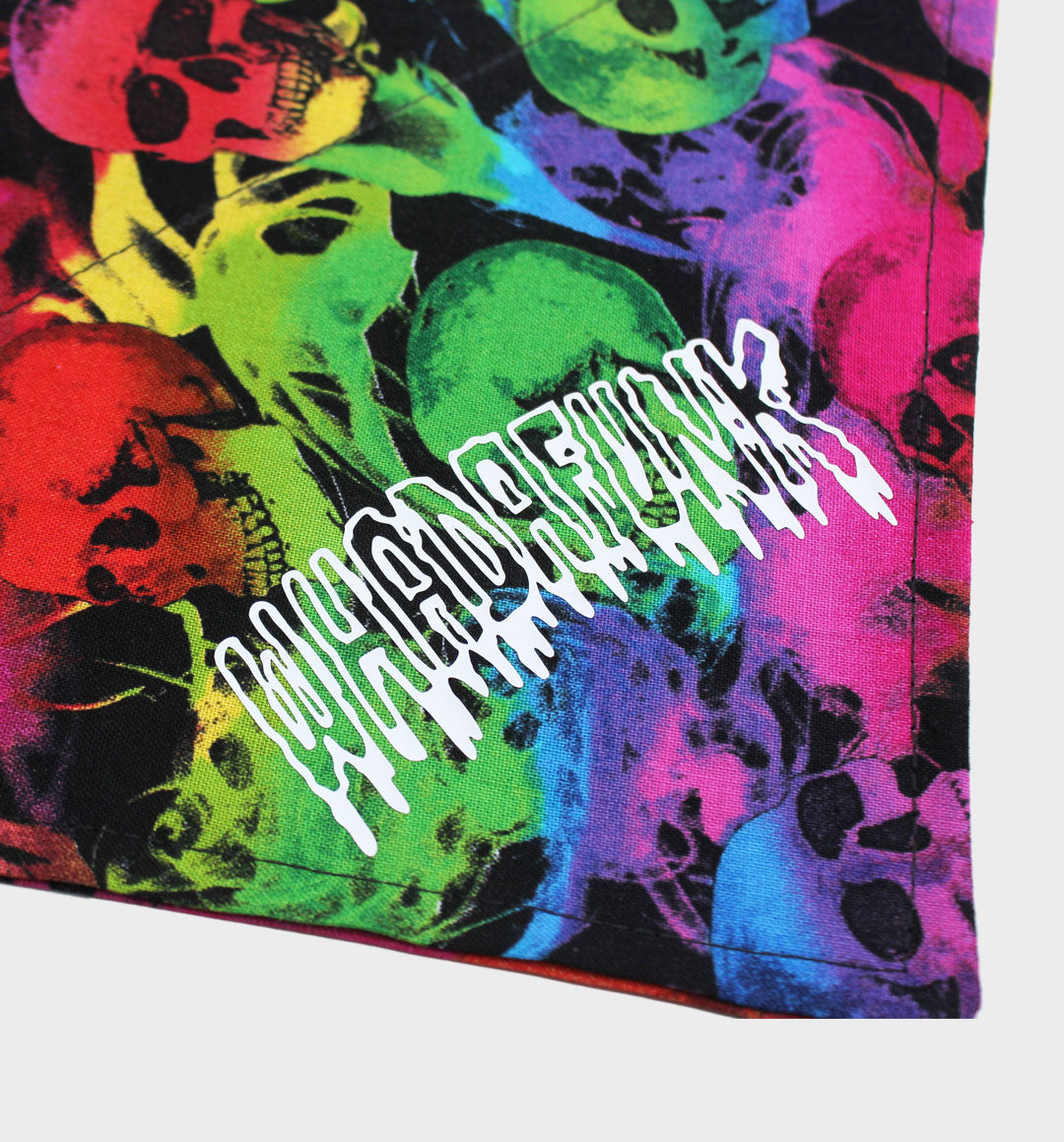 WHADAFUNK Tie-Dye Skull Pet Bandana with bold tie-dye pattern and skull graphic for stylish cats and dogs.