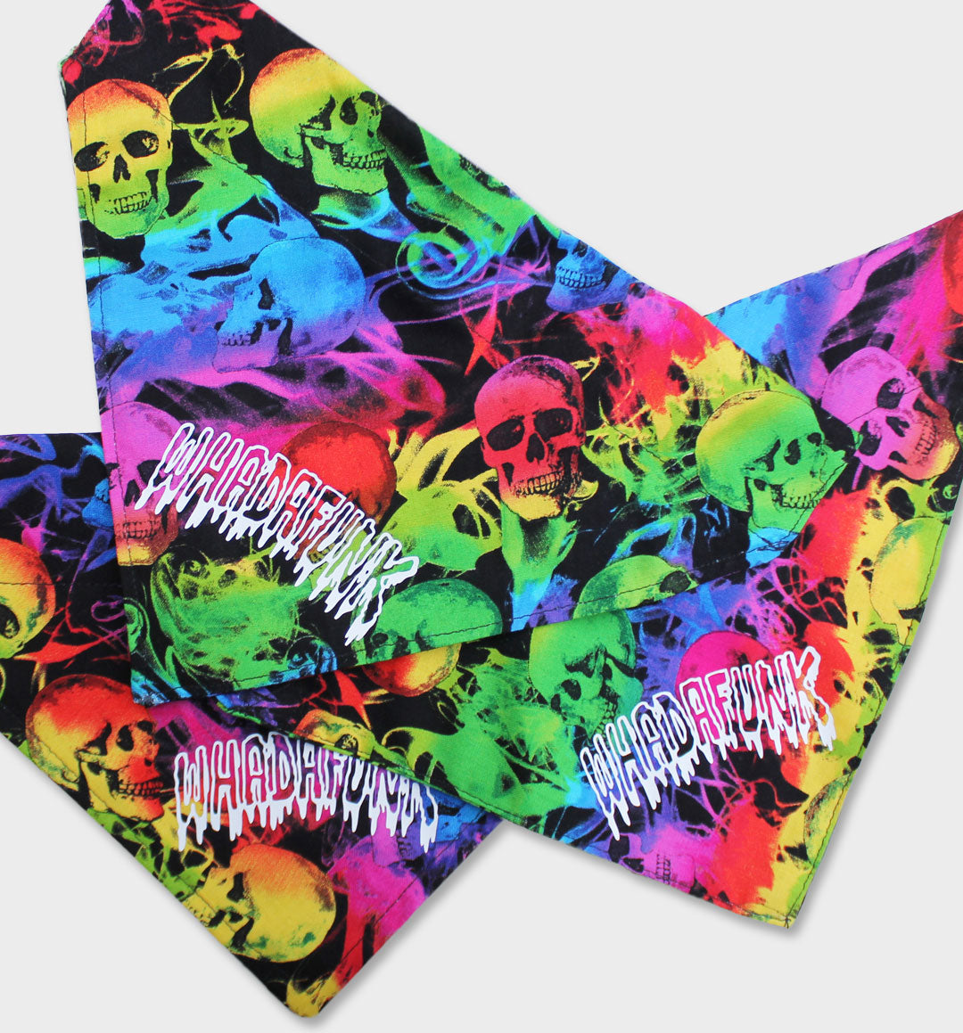 WHADAFUNK Tie-Dye Skull Pet Bandana with bold tie-dye pattern and skull graphic for stylish cats and dogs.